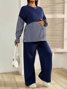 SHEIN 2件套孕妇条纹印花圆领长袖上衣和阔腿裤套装 - 藏蓝色 - 查看 4