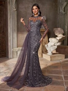 Aureia 优雅奢华串珠花卉透明长袖水钻美人鱼长裙，侧开衩，适合婚礼、派对、度假、庆典、正式活动（重度装饰） - 深灰色 - 查看 8