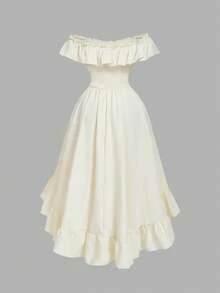 SHEIN MOD 米色大码不对称下摆系带长裙 - 米色 - 查看 2