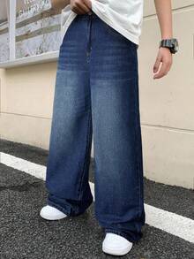 SHEIN Teen Boy Color Block Pocket Casual Versatile Jeans Wide Leg Jeans Loose Jeans - Dark Wash - View 3