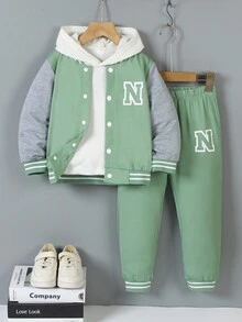 SHEIN 2pcs/Set Young Boys' Collegiate Style Outfit - Black Knit Top With White Sleeves & Large Letter N Print, Paired With Matching Printed Sweatpants, Ribbed Collar, Cuffs And Hem, Elastic Waist For Comfort, Casual & Sporty Look Suitable For Spring/Autumn, Daily Wear, School, Travel - Olive Green - View 3