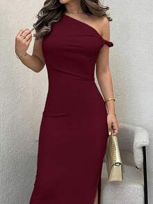 Jemour Women's Solid Color Casual Open Slit Oblique Shoulder Knit Dress - Burgundy - View 3