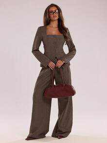 SHEIN BAE Distinctive Square Collar Design Office Blazer Autumn Winter Clothes For Women,Fall,Fall Clothes For Women - Coffee Brown - View 3