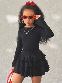 Coolane Kids Váy dài tay màu đen viền bèo nhún thanh lịch cho bé gái tuổi teen Giels, váy thu đông cho bé gái - màu đen - Xem 3