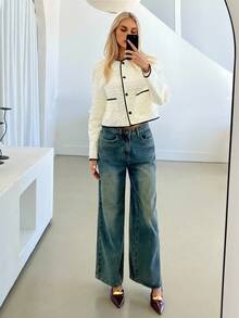 Siren Gaze 女士撞色滚边圆领外套，花卉纹理滚边单排扣外套，秋季，女士冬季外套，白色，适合新年夜、新年，休闲女装，白色衬衫短款外套，短款西装外套，粗花呢外套，女士休闲办公装 - 杏色 - 查看 6