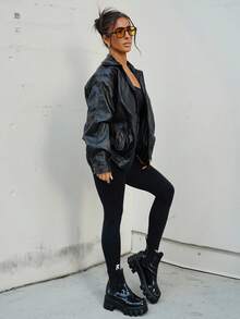 SAYEHFBABY Drop Shoulder Zip Up Black PU Jacket In Fall/Winter - Black - View 4