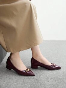 CUCCOO BIZCHIC 休闲通勤简约百搭粗跟女式浅口鞋 - 酒紅色 - 查看 4