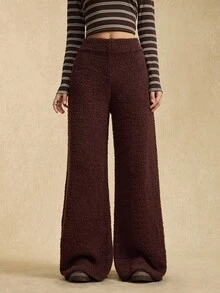 Easelle 女士休闲棕色宽松阔腿针织裤，秋冬 - 棕色 - 查看 7