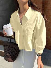 Jouncy Áo sơ mi tay dài ngắn rộng rãi màu trơn cho nữ, mùa hè - Màu vàng - Xem 3