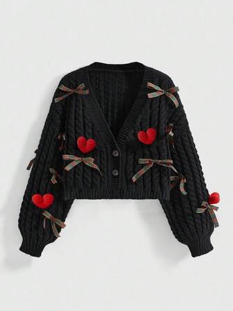 Kawaii Weihnachts-Feiertags 3D Rot Herz Karomuster Schleife Deko Locker gestrickter kurzer Strickjacke für Frauen, Schwarz, Herbst/Winter