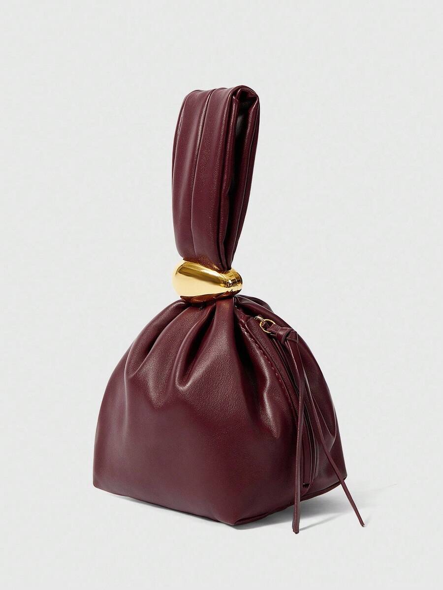 SHEIN BAE 1 件纯色 PU 皮革手提包，酒红色锚图案装饰，褶皱迷你云朵造型，金属配件拉链开合，适合日常和外出使用，时尚酒红色包