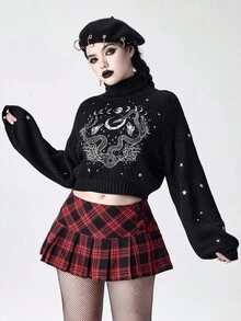 ROMWE Goth 女式高领深色哥特式黑色神秘星月蛇皮植物刺绣套头衫 - 黑色 - 查看 1