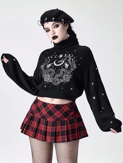 Goth pull femme col montant noir gothique sombre, mystérieux avec motifs d'étoiles, de lune, de peau de serpent et de plantes brodés