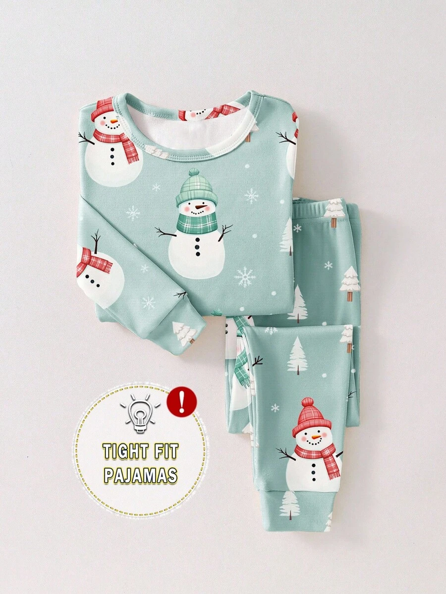 1set Baby Boy Christmas Snowman & Tree Print Snug Fit Crew Neck Long Sleeve Top And Pants Pajama Set Best Gift For Baby - Mint Blue - View 1