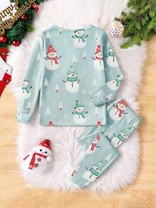 1set Baby Boy Christmas Snowman & Tree Print Snug Fit Crew Neck Long Sleeve Top And Pants Pajama Set Best Gift For Baby - Mint Blue - View 3