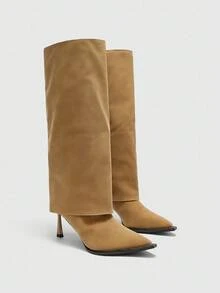 CUCCOO BIZCHIC ​​Taupe Matte Pointed Boots | Metallic Slim Heel | Stretch Shaft Snug Fit | Minimalist Women's Boots | 2 Pairs, Premium Faux Leather​​ - Camel - View 2