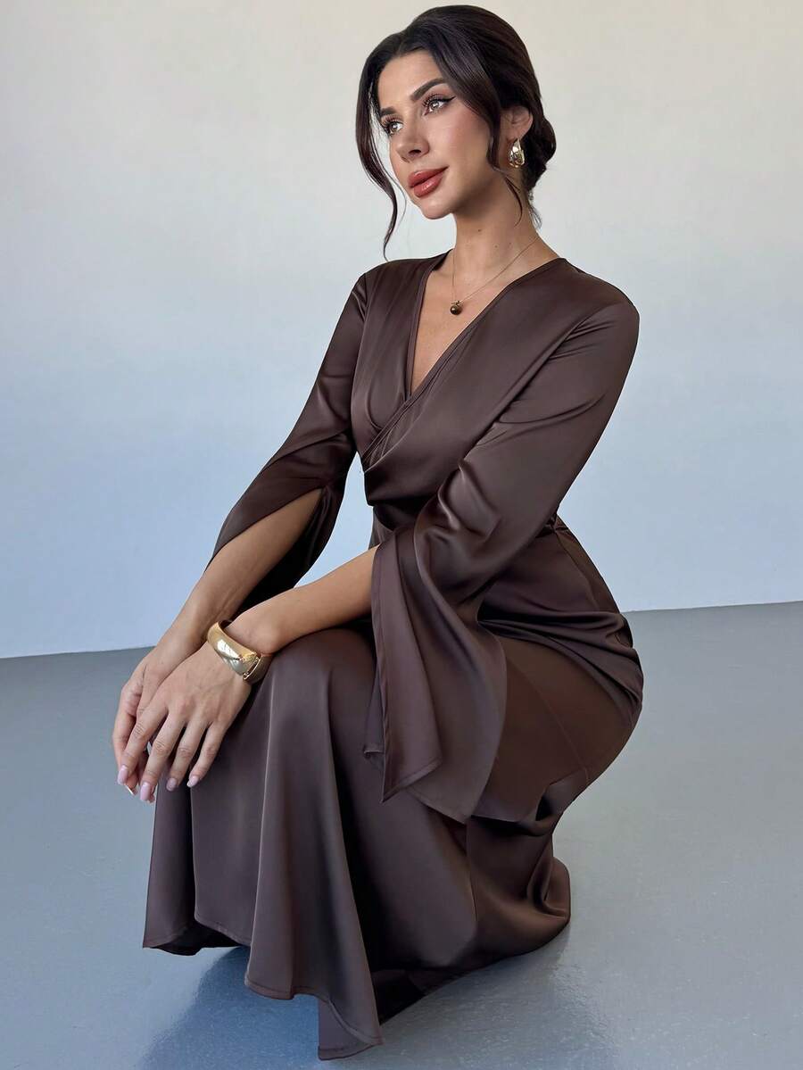 Firerie Women's Elegant Party Cocktail Wedding Guest Long Sleeve Dress, Brown Satin Crepe Flare Sleeve Wrap Collar Cinched Waist A-Line Dress, New Autumn/Winter Women Dress,Wedding Guest Dress Women - Brown - View 1