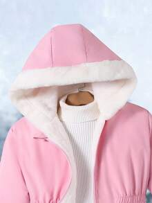 SHEIN Tween 女童休闲百搭日常校园秋冬保暖卡其色人造毛皮衬里拼布黑色棉服外套，配手套 - 粉色 - 查看 5