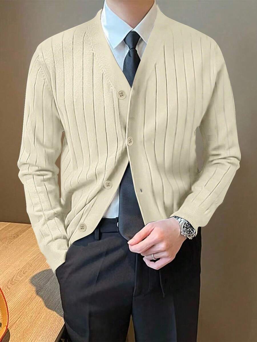 Calvornis Men's Casual Ribbed Knit Button-Front Cardigan, Autumn/Winter - Beige - View 1