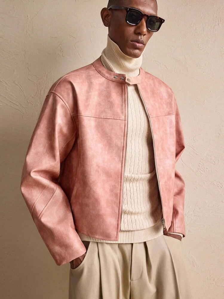 Men's Fashionable Commuter Pink PU Leather Jacket, Autumn/Winter, Christmas