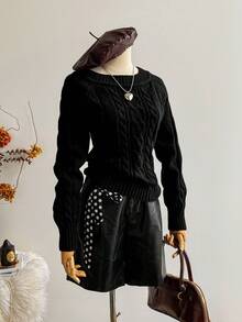 Sweetra 女式简约时尚棕色粗针织露肩长袖套头衫，秋冬 - 黑色 - 查看 6