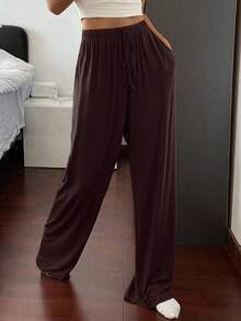 Livesso 女士舒适宽松直筒睡裤，舒适休闲家居服 - 咖啡棕 - 查看 3