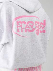 Missguided x Playboy 全拉链连帽衫，配有抽绳兜帽和中央口袋休闲运动衫 - 淺灰色 - 查看 3