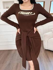 Feyla Women's Letter Print Trim Square Neck Long Sleeve Tie Waist Fitted Mini Dress - Brown - View 1