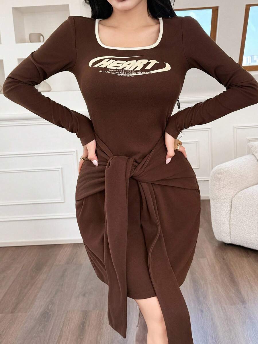 Feyla Women's Letter Print Trim Square Neck Long Sleeve Tie Waist Fitted Mini Dress - Brown - View 1