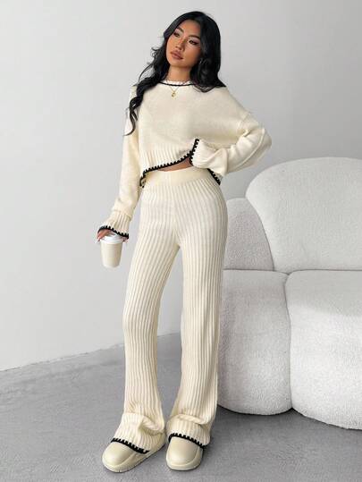 SHEIN 2 st. tonårsflickor, bekvämt, matchande tröja och byxor, set med kontrastfärgade detaljer, höst- och vinterkläder för tjejer