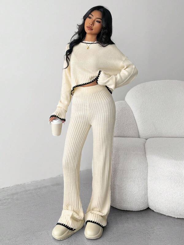 SHEIN 2pcs Teen Girl Casual Comfortable Matching Sweater & Pants Set, Contrast Color Trim Autumn Winter Clothes FGirlmen