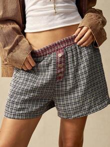 Bohemela Pantalones cortos holgados de talle alto con estampado de cuadros, bordados y tejidos en estilo boho, casual y campestre para vacaciones - Multicolor - Ver 6