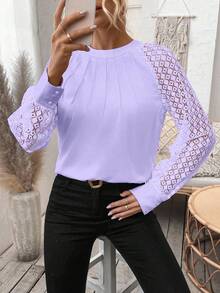 EMERY ROSE Women's Solid Color Casual Loose Fit Round Neck Long Sleeve Shirt - Lilac Purple - View 5