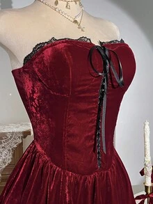 SHEIN Unity 1 chiếc váy ngắn bó sát không dây bằng vải nhung viền ren phong cách corset cổ điển, cổ chữ V sâu có dây rút, trang trí nơ, thích hợp cho tiệc Giáng sinh, tiệc năm mới - Đỏ - Xem 5