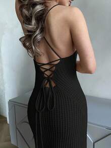 Jemour Women's Casual Elegant Fashion Sexy Criss-Cross Backless Split Hem Bodycon Midi Knit Slip Dress - Black - View 3