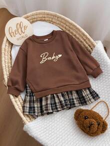 SHEIN Baby Girl Cute Color Block Long Sleeve Dress,Autumn Winter Brown Plaid Outfit For Graduation,Back-To-School Season Toddler Mocha Clothes Set - Multicolor - View 3