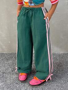 Coolane Kids 少女休闲撞色裤，侧条纹松紧腰休闲宽松运动裤，夏季女童裤，休闲百搭，适合日常街头穿着，工装裤 - 綠色 - 查看 1