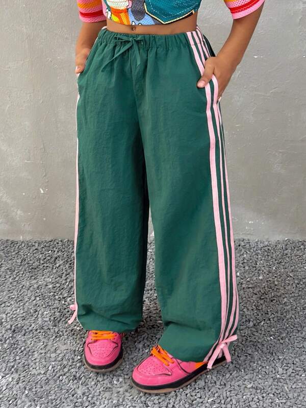 Coolane Kids Pantalones casuales de contraste de color para niñas preadolescentes, pantalones deportivos casuales y sueltos con cintura elástica y rayas laterales, pantalones de verano para niñas, casuales y versátiles, adecuados para el uso diario en la calle, pantalones cargo