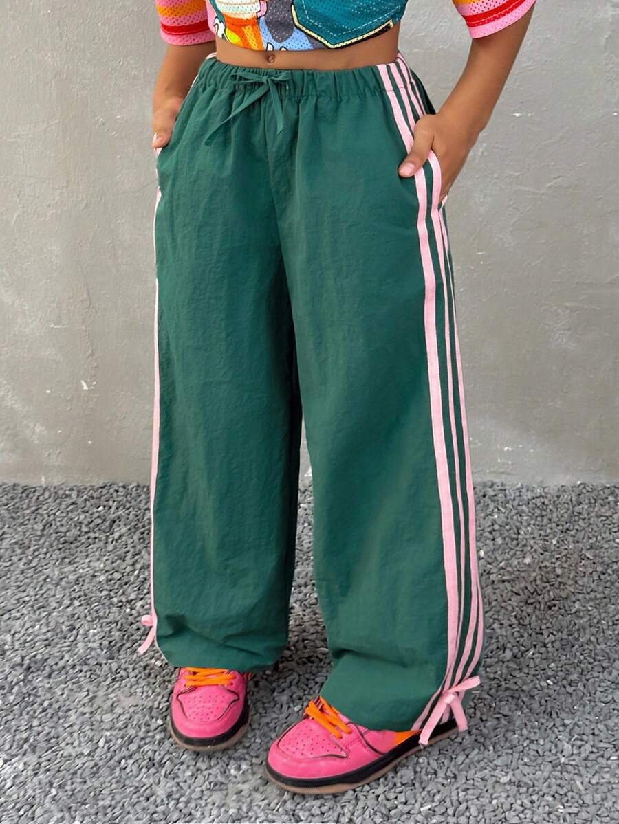 Coolane Kids 少女休闲撞色裤，侧条纹松紧腰休闲宽松运动裤，夏季女童裤，休闲百搭，适合日常街头穿着，工装裤 - 綠色 - 查看 1