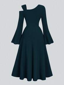 SHEIN Elenzya Đầm dự tiệc dài tay bồng bềnh dáng ôm dáng dài thanh lịch dáng ôm body màu trơn dệt kim lệch vai tay loe viền bèo nhún cỡ lớn cho nữ - Màu xanh ngọc - Xem 2