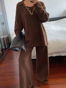 Dazy-Less Women's Casual Business Elegant Round Neck Knit Sweater And Loose Pants 2 Pieces Set, Autumn/Winter