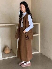 DAZY 2 件套青少年女孩牛仔背心 + 裙子套装，秋季服装 - 鏽棕色 - 查看 4