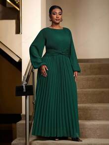 Veslaya 秋冬新款女装，音乐节万圣节服装，生日礼服，日常休闲装，度假装，邮轮旅行装，海滩装，日光浴装，爆款摩卡优雅女王荷叶边袖交叉腰身长裙，大码婚礼宾客礼服 - 綠色 - 查看 12