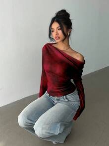 Aloruh Women's Asymmetric T-Shirt,Twist Knot Tie Dye Burgundy Dark Red Long Sleeve Knit Top,Seksi Chic Night Out Elegant For Autumn/Winter Dates Parties - Burgundy - View 7