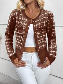 EMERY ROSE 女式格纹金属单排扣休闲针织开衫，秋冬 - 棕色 - 查看 4