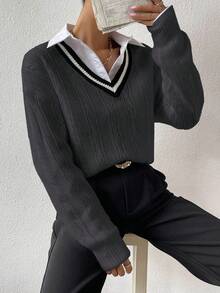 Chiquease 女式休闲宽松条纹V领落肩长袖套头衫，秋冬 - 深灰色 - 查看 4