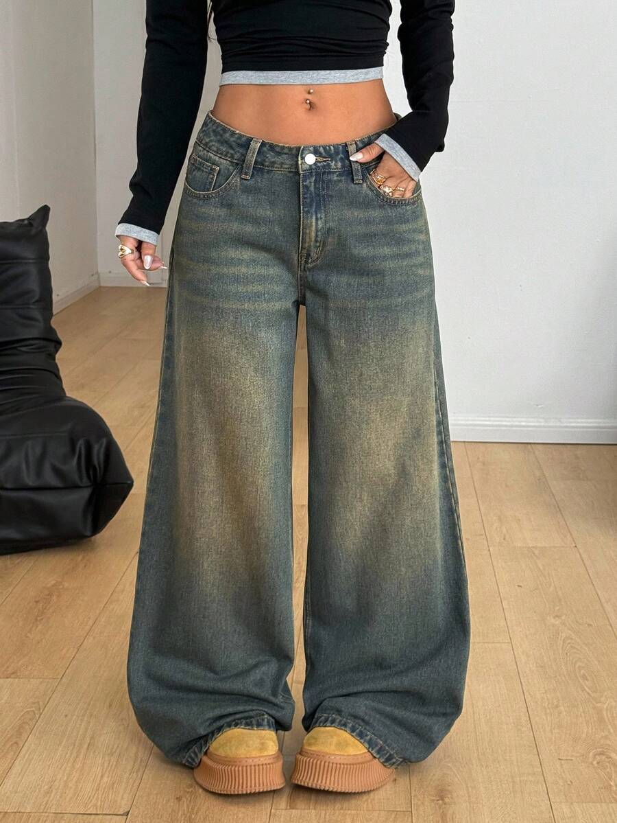 Coolane 女式休闲宽松口袋喇叭牛仔裤 - 棕色 - 查看 1