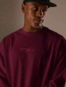 Musero Relaxed Fit Crew Neck Letter Graphic Striped Long Sleeved Top - Burgundy - View 2