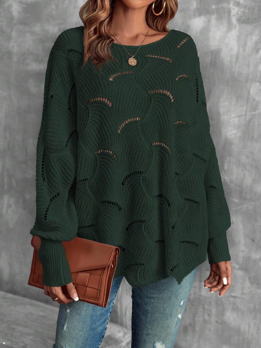 EMERY ROSE Women's Casual Asymmetric Hem Loose Knit Sweater, Autumn/Winter - Dark Green - View 1
