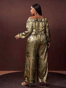 Slaydiva 2025 秋冬大码女装两件套，Y2K 街头风格，斯德哥尔摩时尚，约会夜装，优雅晚会装，性感修身露肩蝴蝶结金色涂层花卉长袖连体裤 - 金色 - 查看 2